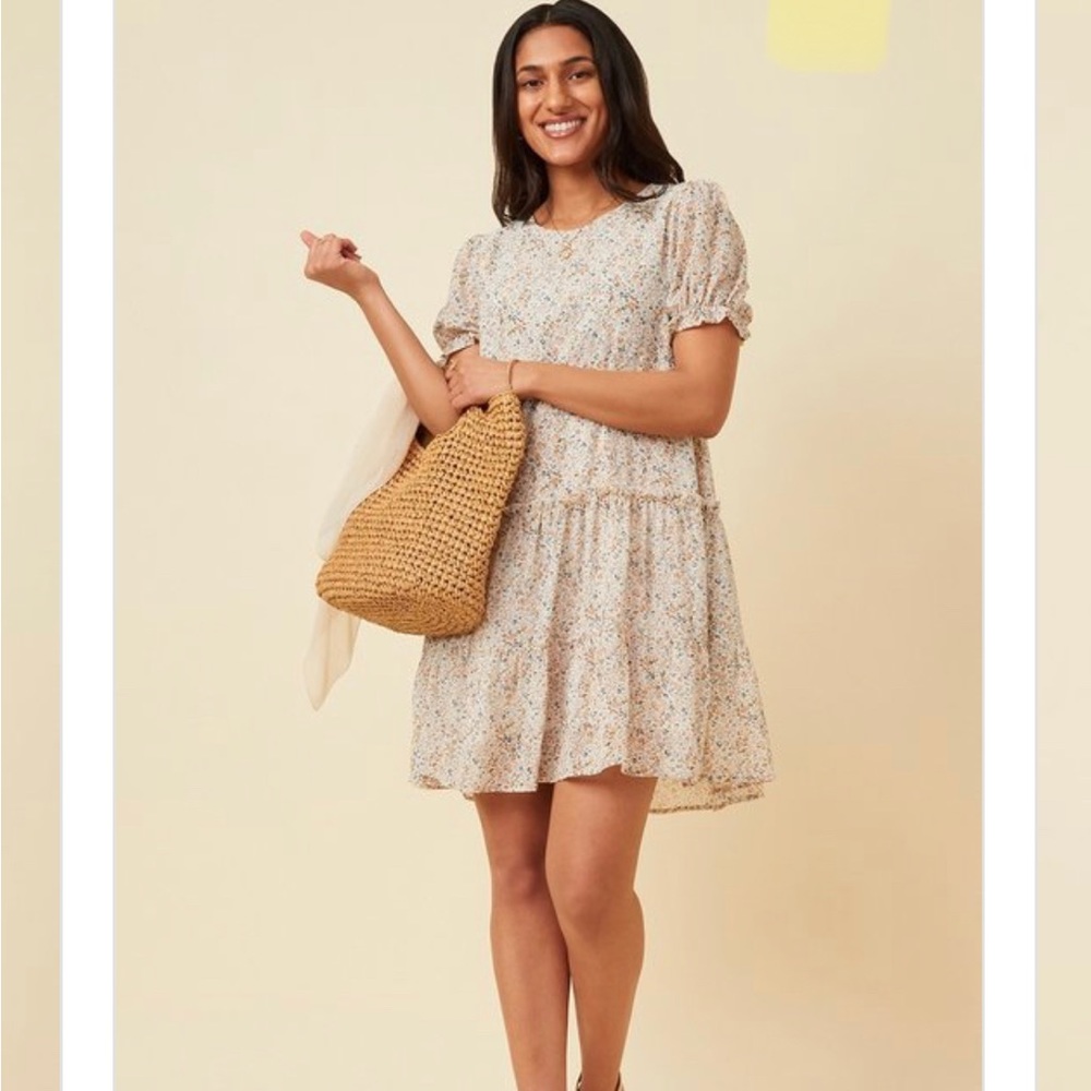 Womens Ditsy Floral Cinch Sleeve Ruffle Tiered Mini Dress